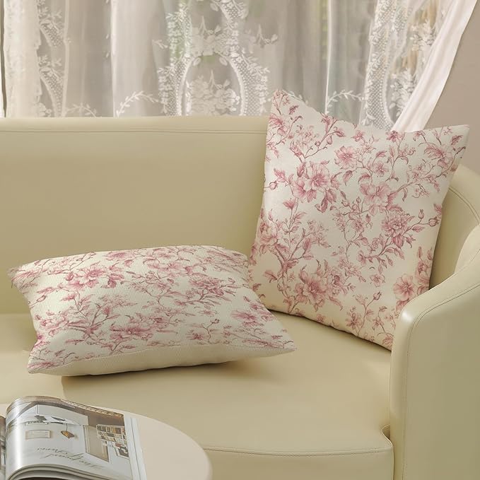 Pink Pillow Covers 20x20 Set of 2 Pink and Cream Floral Chinoiserie Throw Pillows Vintage Rustic Toile Flower Decorative Pillowcase Outdoor Chinoiserie Decor Linen Cushion Case for Couch Sofa