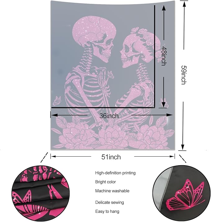 KJHL The Lovers Skull Tapestry Wall Hanging 59ʺ x 51ʺ Pink Halloween Gothic Vertical Skeleton Tapestries Aesthetic for Bedroom Living Room Decor