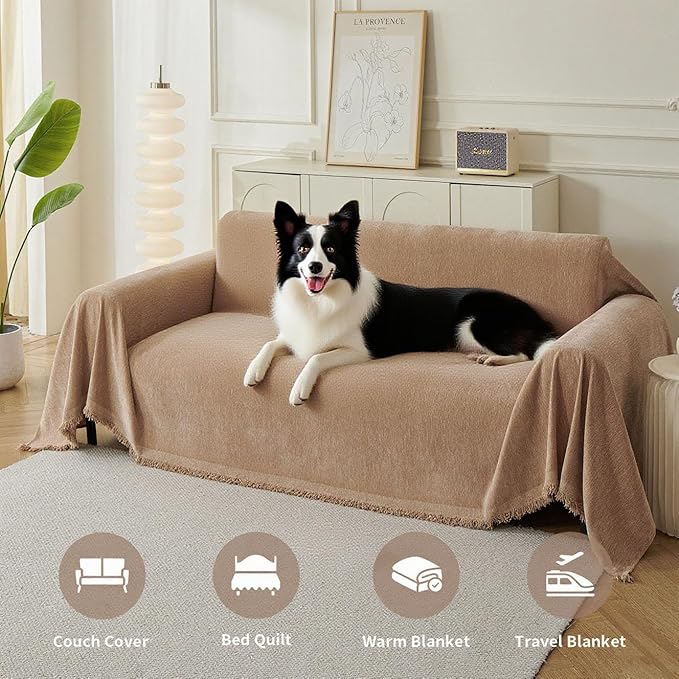 Couch Cover for Dogs, Boho Sofa Covers for 3 Cushion Couch, Chenille Sofa Slipcover for Pets Washable, L-Shape Sectional Couch Loveseat Cover Soft Throw Blankets with Tassels(71x134,Khaki)