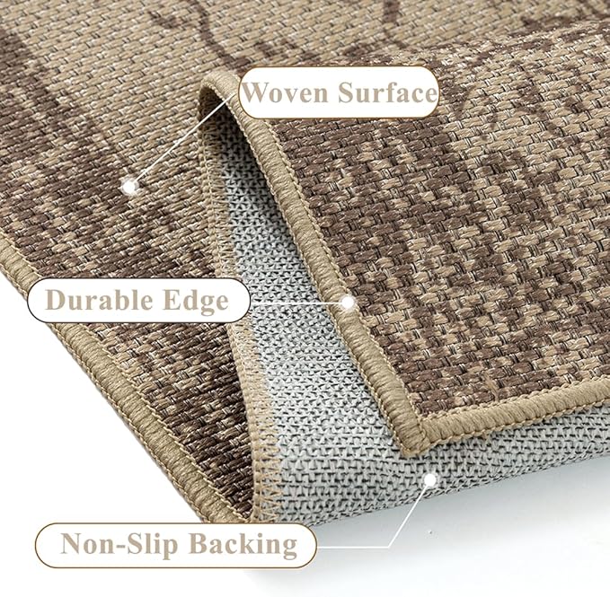 2x6 Easy Jute Runner Rug Washable Brown Floral Hallway Outdoor Rug for Patio Lightweight Non Slip No Sheding Carpet Entryway Doormat Bathroom Backyard Porch Kitchen Bedroom