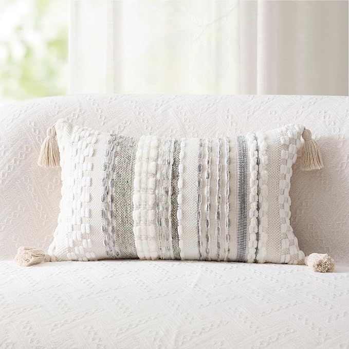 Kevin Textile Spring 12x24 Inch Lumbar Throw Pillow Cover 1 Pack Boho Decorative Soft Chenille Thread Woven Tufted Textured Rectangle Cushion Case Accent for Living Room Couch Sofa Bed, Grey
