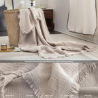 FOSSA Muslin Blanket with Fringe - 4-Layer 100% Cotton Gauze Super Soft & Breathable Throw -Lightweight Decorative Cooling Blanket for Bed, Sofa, Office - Super King Size 108" × 98" (Beige Gray)