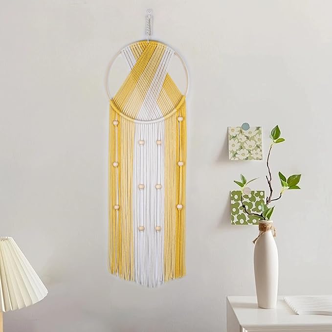 LB Boho Yellow Macrame Wall Hanging Handmade Woven Cotton Tapestry with Wood Board Modern Yellow and Beige Aesthetic Wall Decor for Home, Bedroom, Living Room
