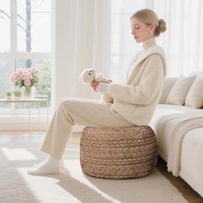 Round Pouf Ottoman 20 x 20 x 14 Inches Boho Poof Home Decor Floor Pouffe Ottoman Foot Rest for Couch Sofa Bean Bag Chairs Living Room Bedroom (Tan)