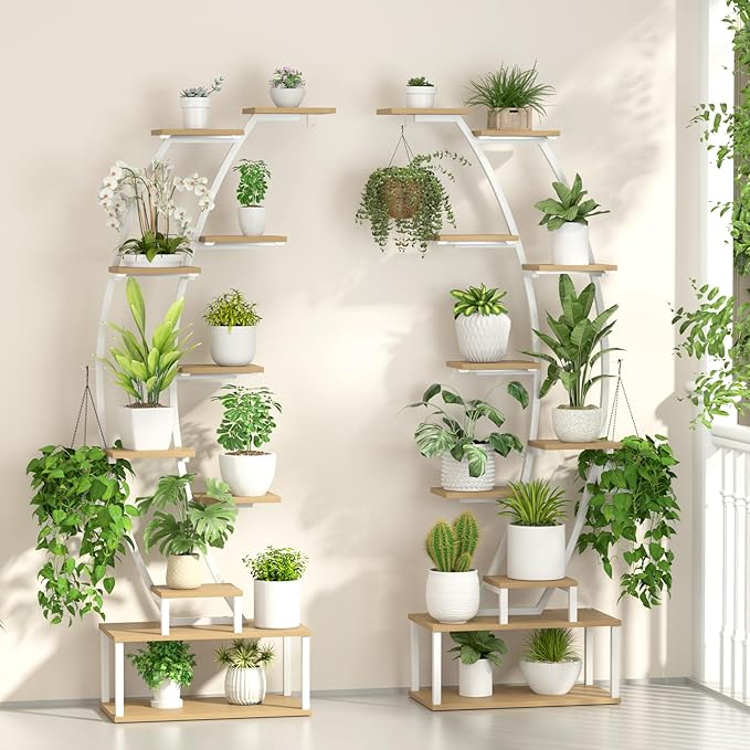 Plant Stand Shelf Rack Indoor with 8 Built in Grow Light, 10 Tiered 65" Tall White Large Lighted Half Moon Curved Plant Stand for Indoor Growing, 2 Pack Arch Sturdy High Herb Shelving