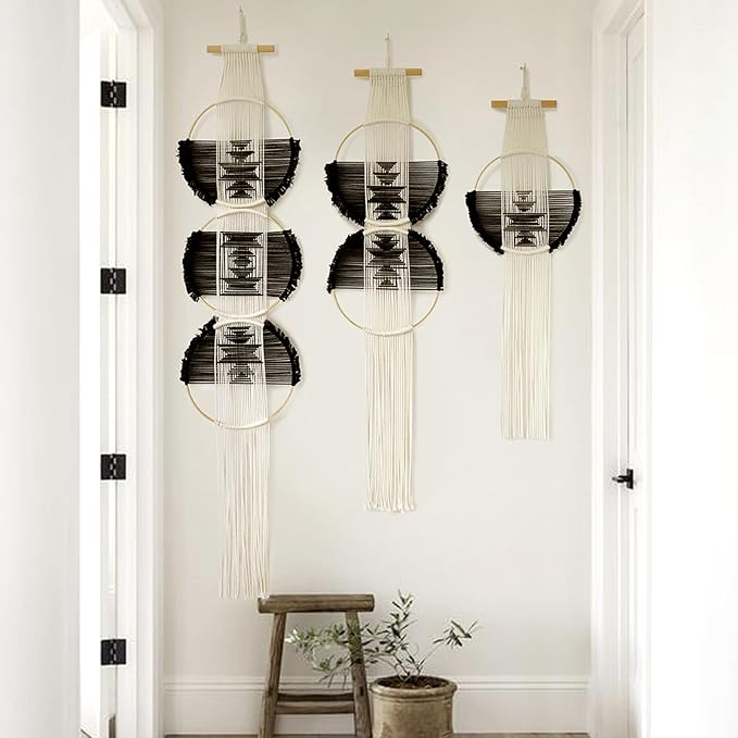 Flber Macrame Wall Hanging Combination 3 Pcs Beige and Black Handmade Woven Boho Home Chic Wall Decor Geometric Art Decor Bedroom Nursery Apartment Dorm Decoration Minimalistic Neutral Wall Decor