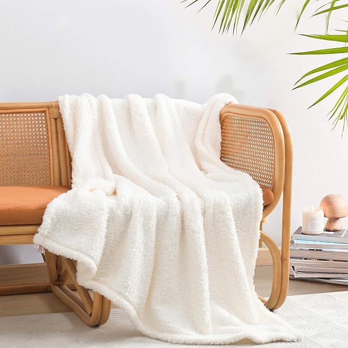 Ultra Soft Cozy Sherpa Throw Blanket, Solid Antique White Light Weight Warm Decorative Boho Style Plush Throw Blanket Cover for Sofa, Couch, Bedroom,Travel, Pattern Reversible, 60”x80”