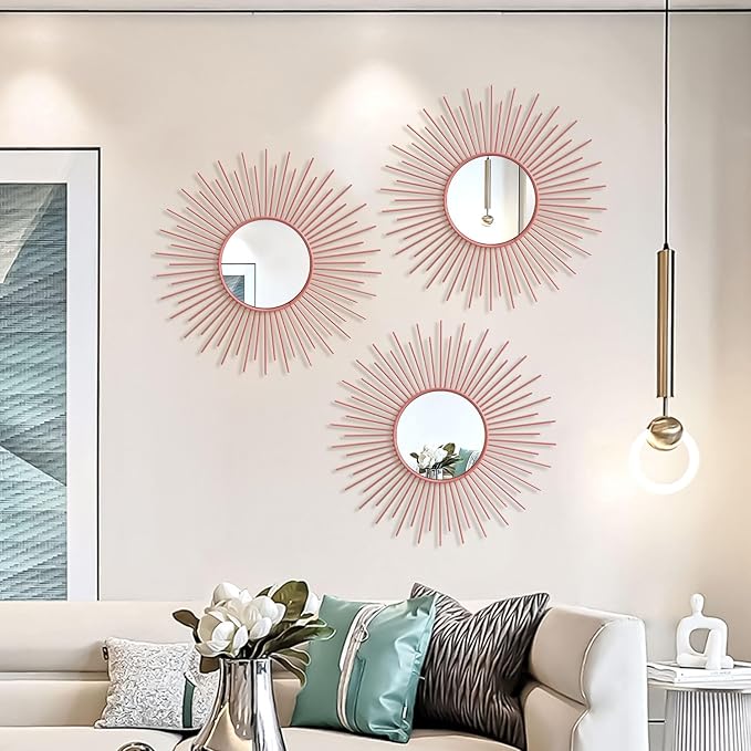 3 Pack Metal Mirrors for Wall Sunburst Wall Mirrors Home Décor Decorative Hanging Wall Art for Living Room Bedroom Entryway (Pink, Sunburst)