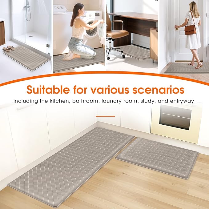 Kitchen Mats, 2PCS Kitchen Rugs, Cushioned Anti Fatigue Kitchen Mats for Floor, Non-Slip Standing Sink Mat, Waterproof Kitchen Rug Set for Kitchen Floor Office,17.3"×30"+17.3"×47" Brown
