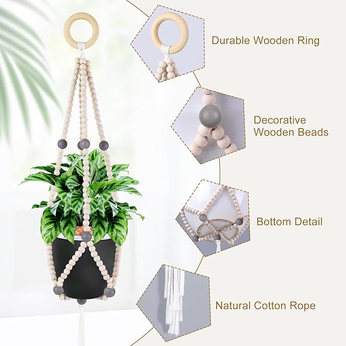 Hotfiary Plant Hanger Indoor Hanging Plant Holder Hang Planter Basket Wood Bead Decorative Flower Pot Holders Boho Farmhouse Rustic Decor Indoor Outdoor (Pot Not Included)