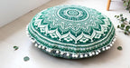 Round Mandala Floor Pillow Cover Seating Cushion Throw Cover Hippie Decorative Bohemian Ottoman Pouf Cover, Pom Pom Pillow Cases,Boho Indian 22 Inches (Green)