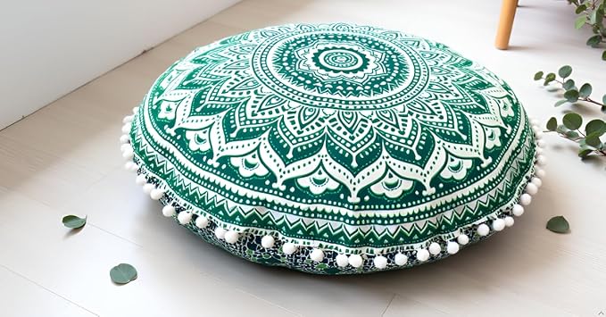 Round Mandala Floor Pillow Cover Seating Cushion Throw Cover Hippie Decorative Bohemian Ottoman Pouf Cover, Pom Pom Pillow Cases,Boho Indian 22 Inches (Green)