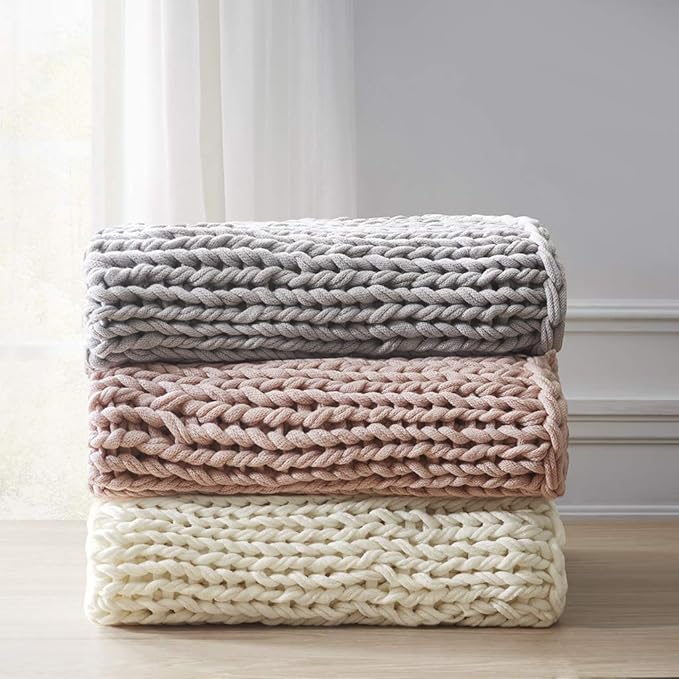 Madison Park Boho Throw Blanket, Soft Handmade Gift Home Decor, Lightweight & Breathable All Seasons Chunky Knit Throw, 50"x60" Blush
