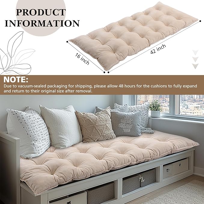 Bench Cushion for Indoor Furniture 42x16 in Velvet Thicken Indoor Window Seat Cushion, Soft Piano Sofa, Entryway Storage, Bay Window Tufted Patio Porch Swing Bench Pad Memory Foam(Ivory)
