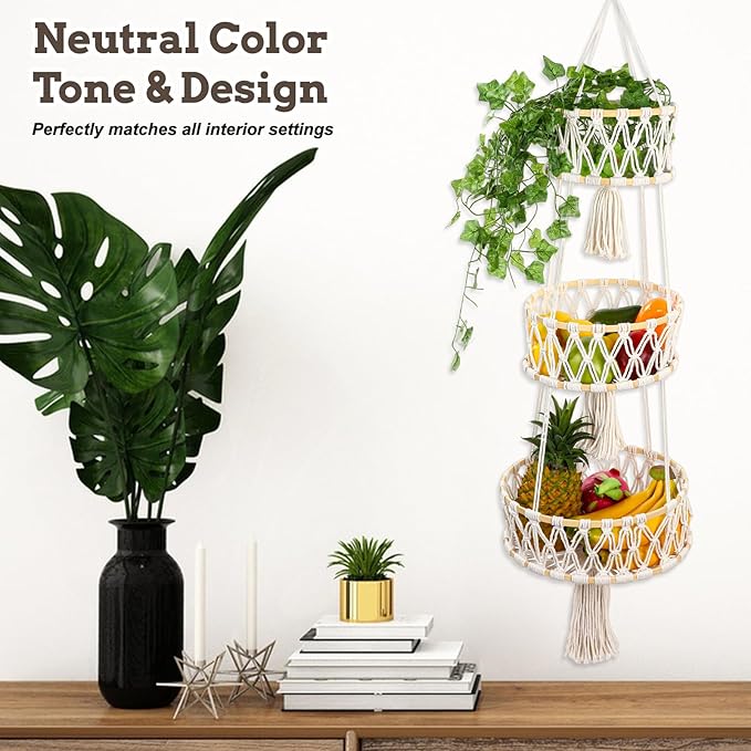 3 Tier Hanging Basket, Hanging Fruit Baskets for Kitchen Storage Organizer - Cotton Woven Multi-Layer Produce Holder with Hang Loop for Vegetables Plants Home Decor