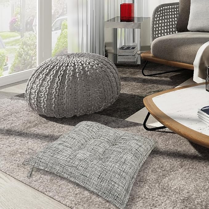 SINSOSSO Large Floor Pillow 22", Thickened Bite-Size Memory Foam Square Non-Slip Cushion for Office Back Support/Indoor Yoga/Chair Seat, Fashionable Color-Blocked Fabric & Washable, White-Gray, 1 PCS