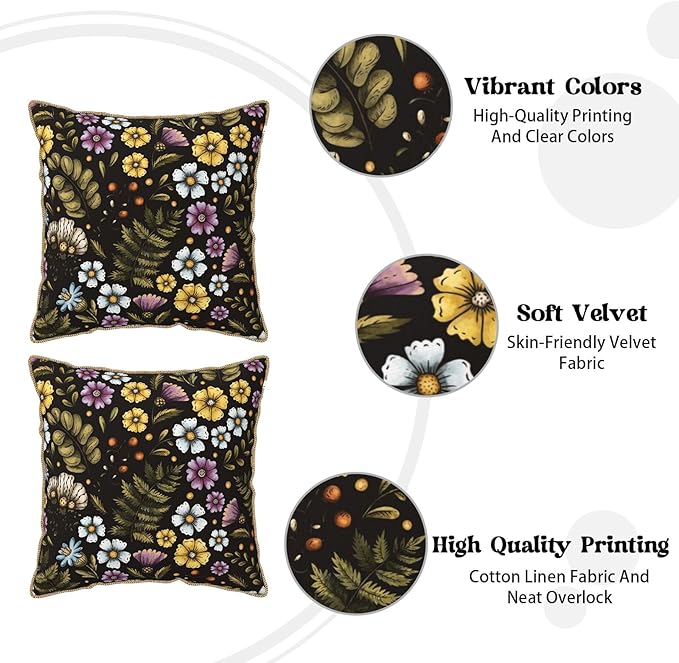Blue Yellow Purple Floral Soft Velvet Throw Pillow Covers Set of 2 Plant Botanical Flowers Decorative Pillow Covers 18x18 In Vintage Black Pillow Case For Sofa Couch Living Room Farmhouse Home Decor