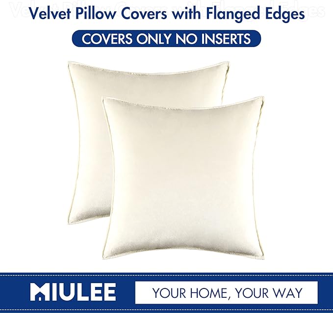 MIULEE Cream White Velvet Throw Pillow Covers 18x18 Soft Decorative Solid Square Cushion Cases Pack of 2 Modern Luxury Home Decor for Couch, Sofa, Bedroom