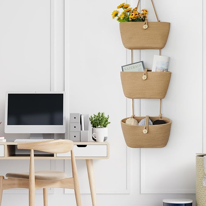 TeoKJ Over the Door Hanging Baskets with Wooden Button, 3-Tier Woven Cotton Storage Organizer Bag, Wall-Mounted with Hook Decorative Hanging Nursery Baskets, Jute