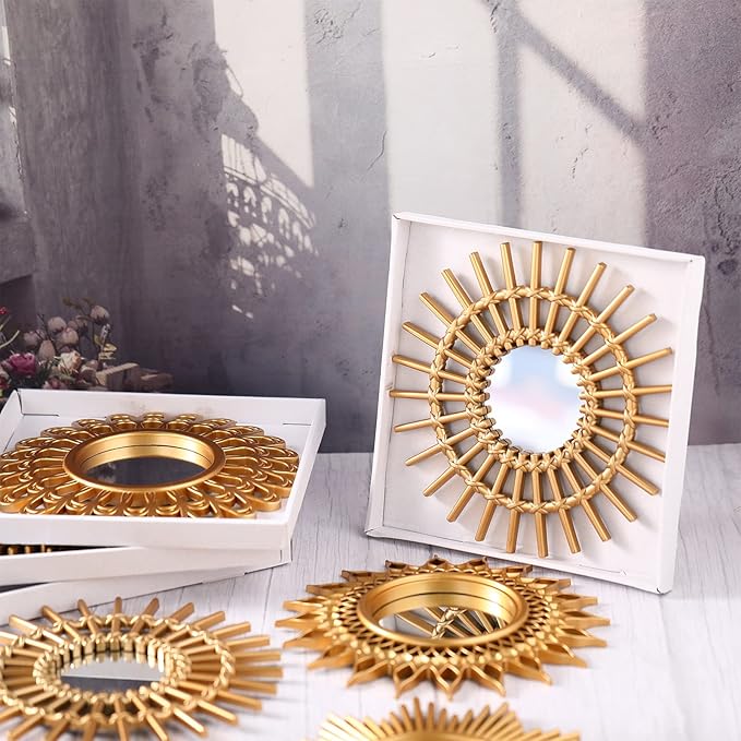 Namalu 6 Pcs Sunburst Mirror for Wall Decor, Small Circle Sun Decorative Mirror Hanging for Art Entryway Home Decor Bathroom Bedroom Living Room(Classic,Gold)