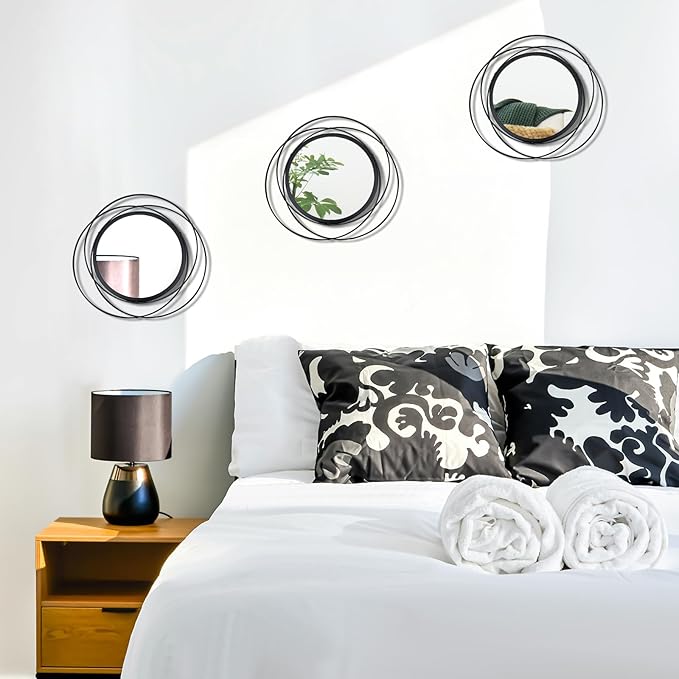 3 Set 9.5 Inch Black Circle Mirrors Wall Decor Iron Frame Wire Mirror Metal Circular Mirror Home Decor Hanging Mirrors for Room/Bedroom/Bathroom/Entryway