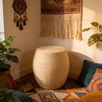 Round Bohemian Rattan Ottoman, Handwoven Seagrass Pouf Chair for Living Room Bedroom Patio Garden (12.2"x12.2"x16.5")