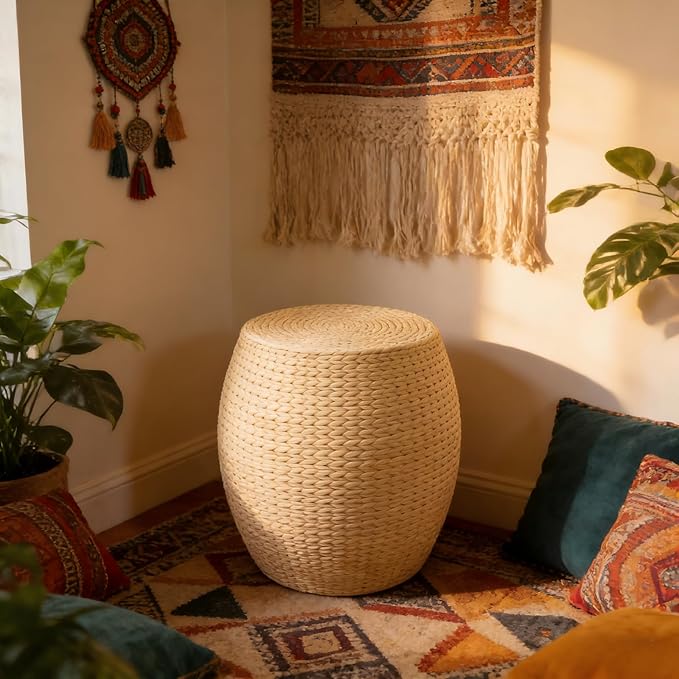 Round Bohemian Rattan Ottoman, Handwoven Seagrass Pouf Chair for Living Room Bedroom Patio Garden (12.2"x12.2"x16.5")