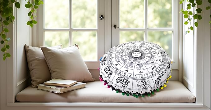 CRAFT KALA Large Round Bohemian Floor Pillow Pouf Cover Mandala Meditation Room Pillow Cover for Adults Boho Seating Poufs Cushion Cover for Kids Playroom 32" Round Black Zodiac