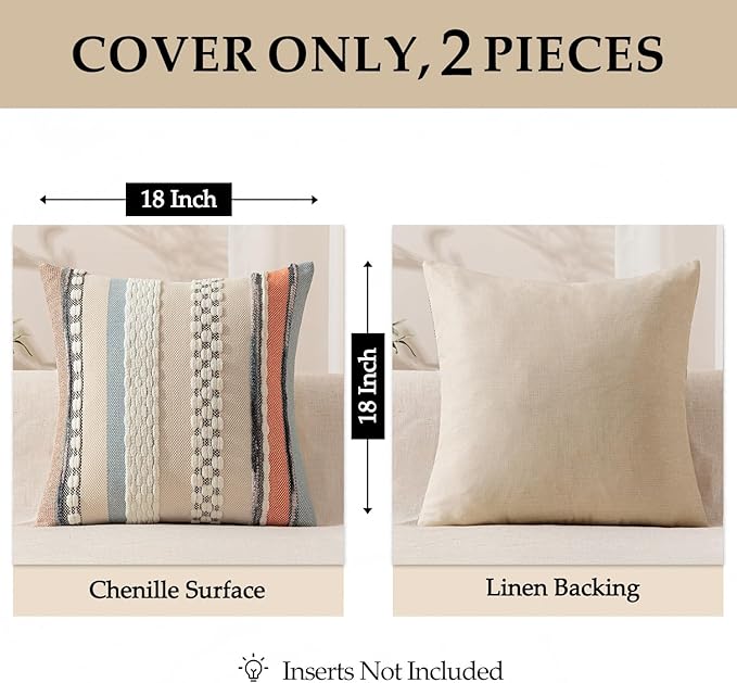 ANRODUO Pack of 2 Boho Decorative Throw Pillow Covers 18x18 Farmhouse Cushion Case Striped Chenille Pillow Cases Square Pillow Covers Accent Neutral Pillowcase for Sofa Couch Bed, Orange-Blue Stripe