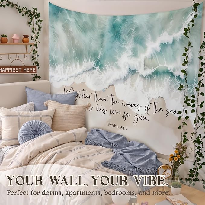 STHTTSW Christian Ocean Coastal Tapestry, Mightier Than the Waves of the Sea Bible Verse Tapestries, Religious Psalm 93:4 Wall Hanging Decor for Nursery Church Prayer Room Home Office, 50x60 Inch