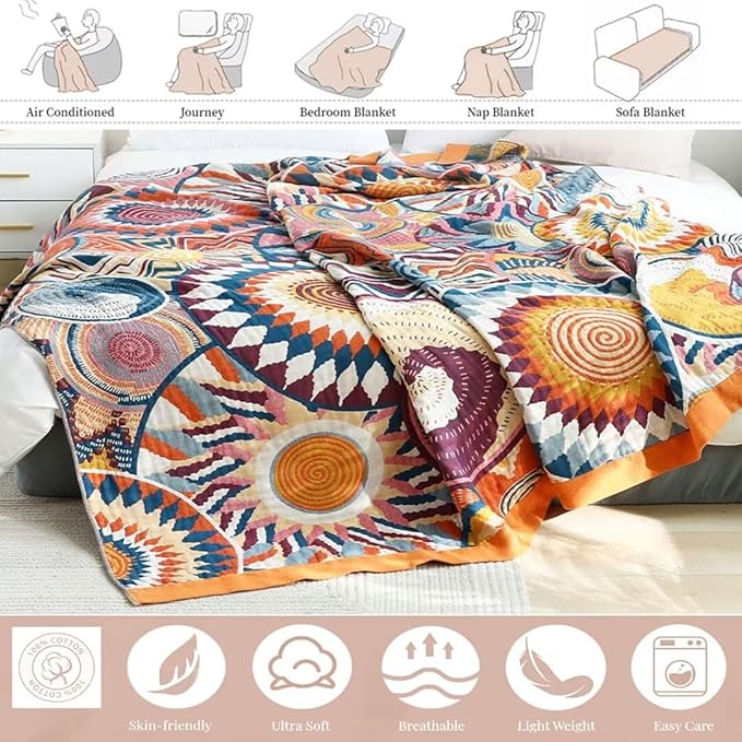Boho Blanket for Bed 100% Cotton Bohemian Throw Blankets Ultra Soft Woven Muslin Decorative Blankets All Seasons Vintage Quilt Knitted Blanket for Sofa Chair (Colorful, 60"x80")