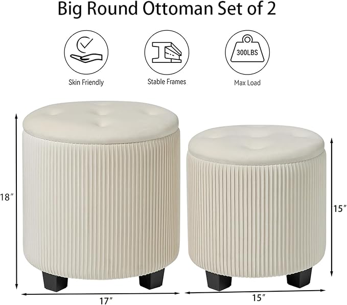 Big Round Ottoman with Storage Set of 2, Upholstered Velvet Vanity Stool for Makeup Multifunctional Foot Rest Coffee Table Padded Seat Tufted Ottomans for Living Room&Bedroom (Large White)