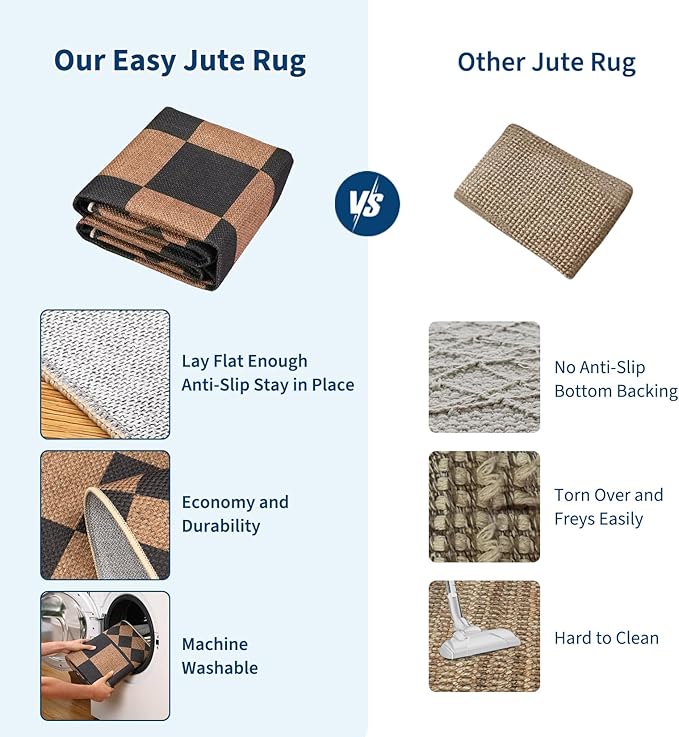 GarveeHome Easy Jute Rug 10x13 Washable Rugs for Living Room Checkered Indoor Outdoor Rug for Patio Non-Slip No Shed Jute Rugs Geometric Carpet for Farmhouse Dining Room Backyard Office, Black Brown