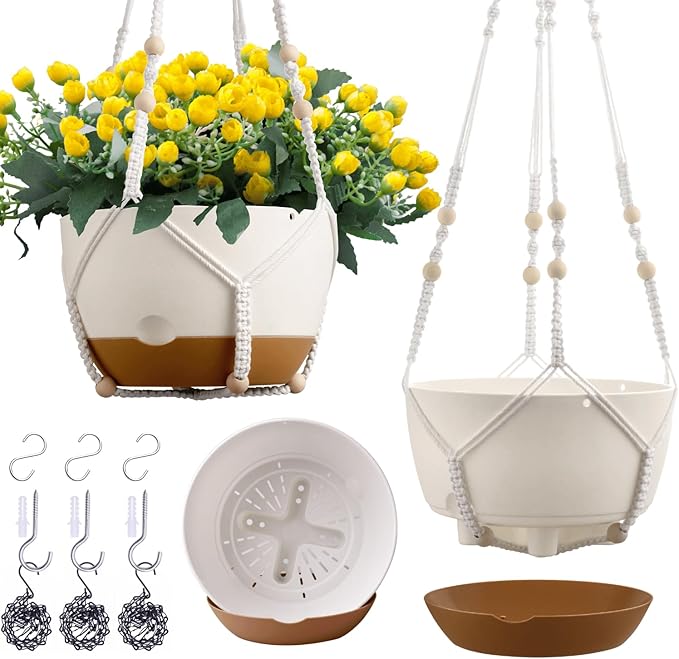 3 Pack 8/10/12 Inch Hanging Planters for Indoor Plants with Self-Watering Includes Hanging Pots for Plants, Outdoor Hanging Flower Pots with Drainage, and 2 Types of Hanging Baskets Hangers (White)