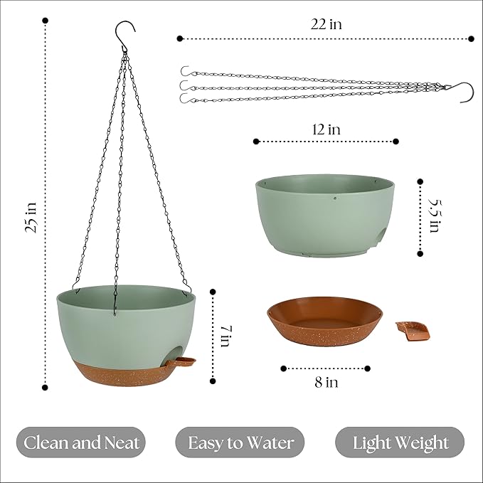 Hanging Plant Pots 12 inch Set of 2, Self Watering Hanging Planters with Drainage Holes, Indoor Outdoor Plastic Flower Pots with Hanging Chains for Balcony, Porch, Garden, Home Décor, Green