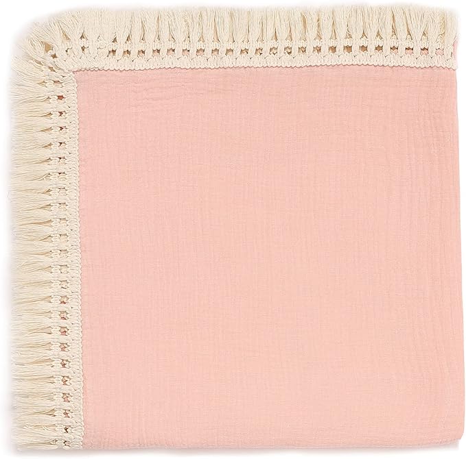 insular Cotton Muslin Baby Blanket with Tassel, Boho Bohemian Muslin Swaddle Blanket Baby Receiving Blanket with Fringe, Nursery Decor Throw or Nursing Blankets, 47" x40”, Pink
