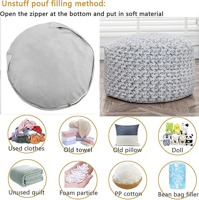Asuprui Grey Pouf Ottoman Unstuffed Foot Rest 20x20x12 Inches Round Ottoman Pouf NO Filler Floor Poof Bean Bag Chair Foldable Floor Chair Storage for Living Room Bedroom Light Grey Cover ONLY