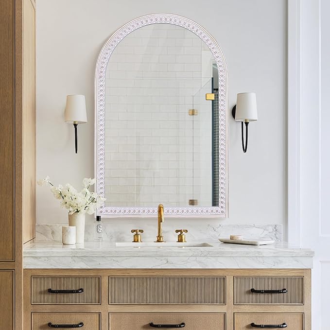 36x24 Inches Boho Arched Mirror for Wall Decor, Rustic Farmhouse Decorative Wooden Mirrors for Bathroom Over Sink, Living Room, Entryway, or Foyer