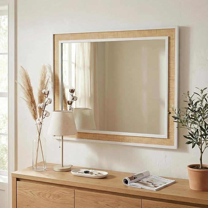 Rectangle Rattan Mirror, 24"x36" Rattan Wall Mirror for Bathroom, Large Farmhouse Wooden Mirror with Handmade Wicker Frame, Decorative Boho Mirror for Nursery Bedroom Living Room Entryway White