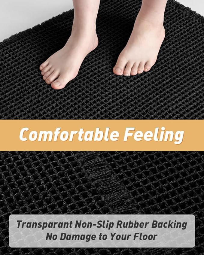 Upgraded Waffle Bath Mats Set of 2, Super Absorbent Non Slip Bath Mats for Bathroom Floor, Washable Boho Bathroom Rugs Set 2 Piece with Tassels, Soft Bathroom Mat Set, 18" x 30" (2 Pack), Black