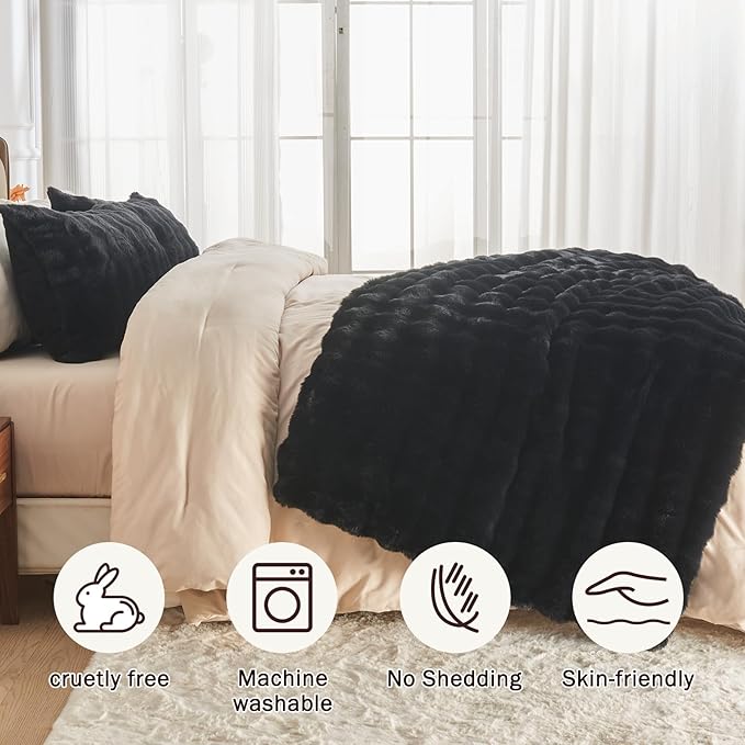 EMME Faux Fur Blanket Twin Size Black - Big Bubble Rabbit Cozy Blanket for Couch, Thick Furry Plush Shaggy Blankets, 650GSM, 60x80 Inches