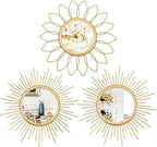 3 Pack Metal Mirrors for Wall Sunburst Wall Mirrors Home Décor Decorative Hanging Wall Art for Living Room Bedroom Entryway (Gold, Flower+Sunburst)