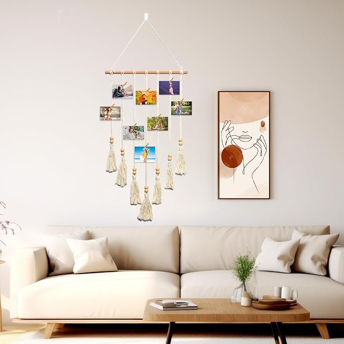 Hanging Photo Display Wall Decor Macrame Wall Hanging Boho Collage Picture Frames Decor for Dorm Bedroom Living Room Teen Girl Gifts-A