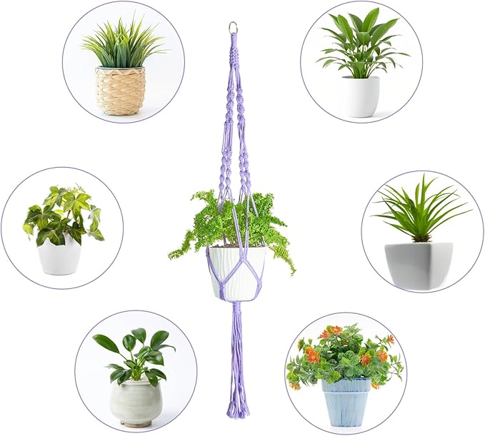 XXXFLOWER 3 Pack Macrame Plant Hanger Indoor Set with Hooks Handmade Woven Cotton Rope Flower Pot Crochet Plant Holder Stand Boho Plant Decor Hanging Planter Baskets Set of 3 with Beads Purple