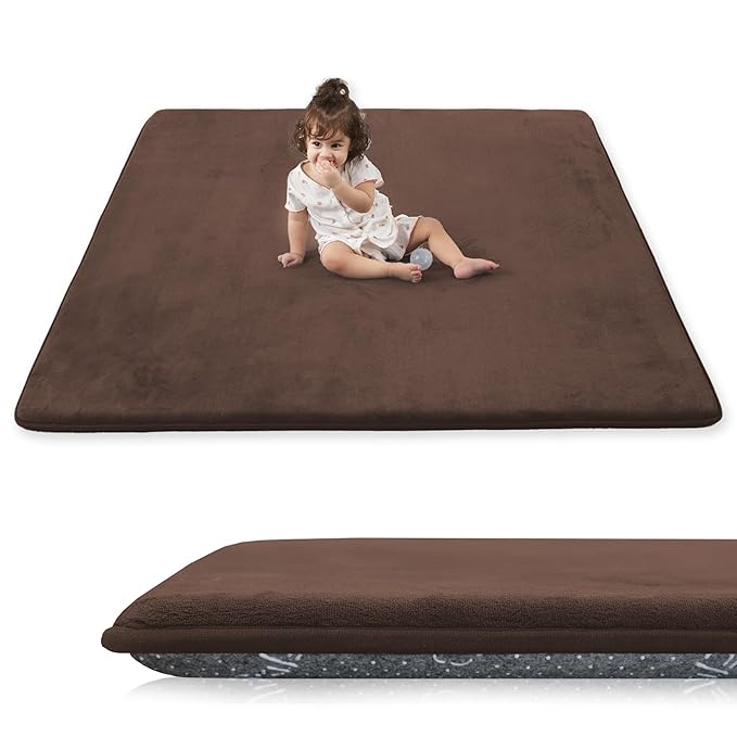 1.3" Thick Baby Play Mat for Floor, 79x79 Playpen Mat, Pro Soft Flannel Foam Mats Toddler Infant Kids Crawling for Nursery Rug Playroom Living Room Waterproof Easy Care Non-Slip (Brown)