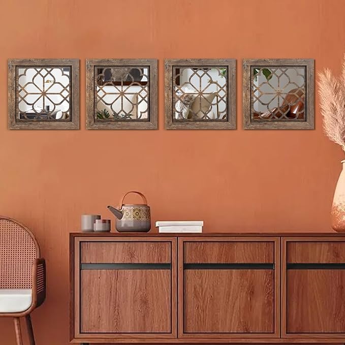 Set of 4 Boho Wall Mirrors with Carved Floral Design, 12x12 Inch Rustic Farmhouse Accent Mirrors, Vintage Style Shatterproof Square Mirror Decor for Living Room, Bedroom(Redbrown)