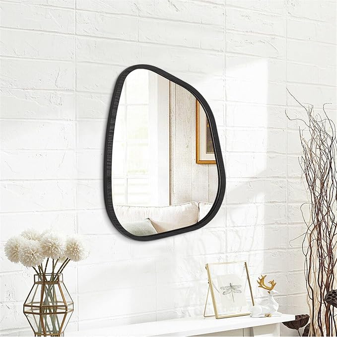 Irregular Bathroom Mirror Modern Oval Wall Mirror Asymmetrical Wooden Framed Wall Mirror Unique Shape Wall Mounted Vanity Artistic Mirror Decor for Living Room Bedroom Entryway Small 16"x12"