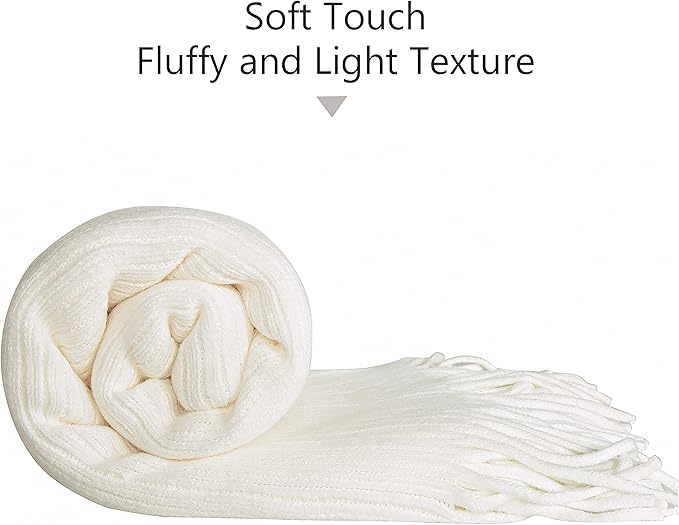 NTBAY Acrylic Knitted Throw Blanket, Lightweight and Soft Cozy Decorative Woven Blanket with Tassels for Travel, Couch, Bed, Sofa, 51x67 Inches, White Striped