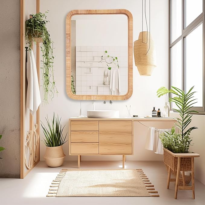 Rattan Mirror,Rectangle Boho Bathroom Mirror for Wall,22x30 Wicker Vanity Mirror for Nursery Décor,Coastal Farmhouse Wood Mirror for Bedroom Entryway Living Room