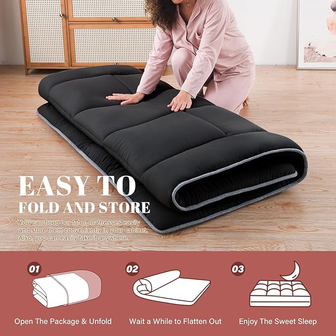 WhatsBedding Japanese Floor Mattress Futon Mattress 3" Black Tatami Mat Shredded Memory Foam Filled Sleeping Pad, Foldable & Portable Roll Up Lounger Camping Bed for Kids and Adult,Full Size 54"x 80"